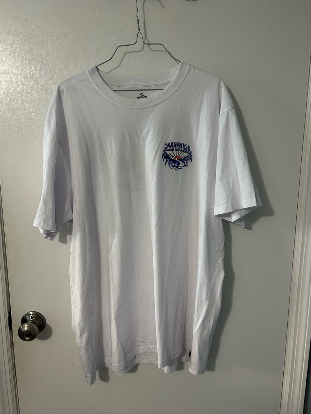 Rip Curl White Short-Sleeve Tee with Blue & Orange Chest Graphic